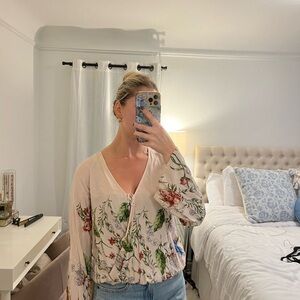 Lovestitch Floral V-Neck Blouse - Cream and Red